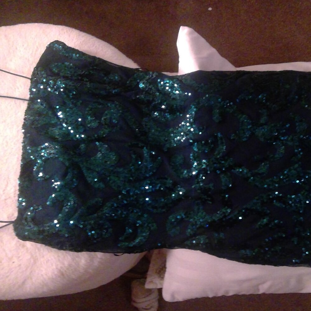 Homecoming/Party type dress, dazzling and sparkly with a rich dark green color.